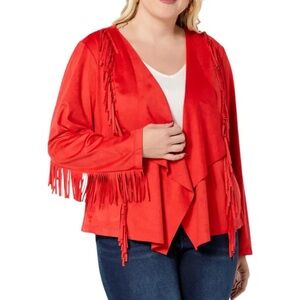 Colleen Lopez Vibrant Faux Suede Red Open Jacket with Fringe